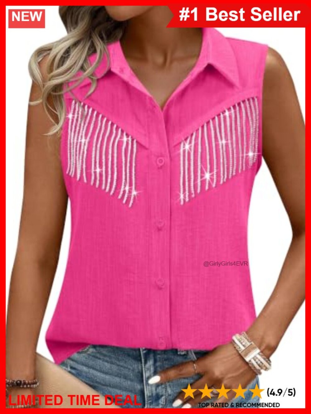 Western Cowgirl Sparkly Fringe Button Down Shirt Sleeveless Country Concert Top